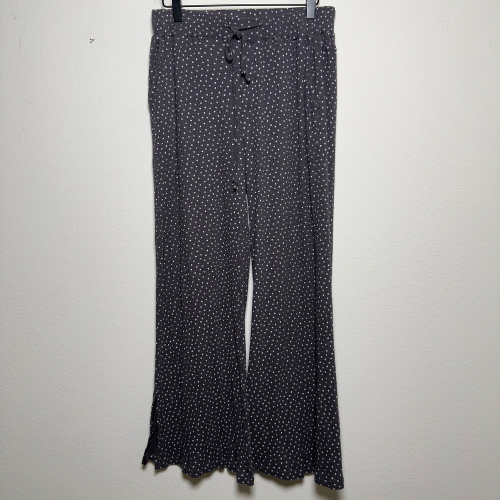 POL Women 100% Cotton Pants Gray Floral Polka Dot Ribbed Wide Leg Hippie Boho